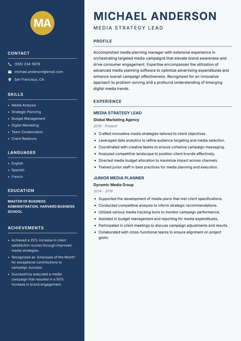 Media Planning Manager resume sample — Media Strategy Lead focus