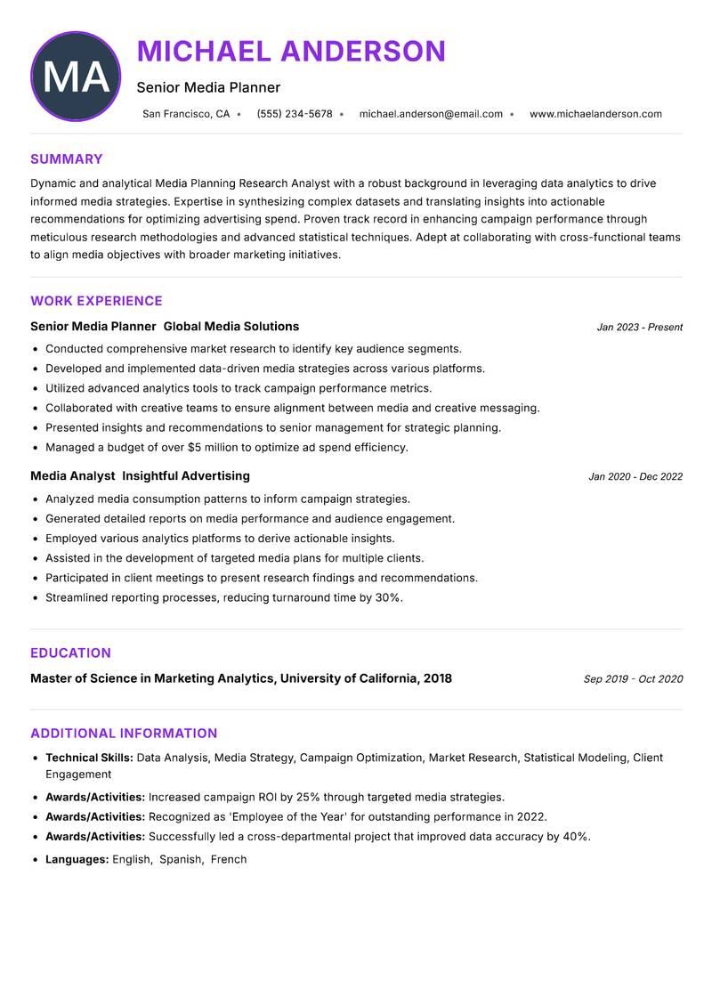 Media Planning Research Analyst resume example