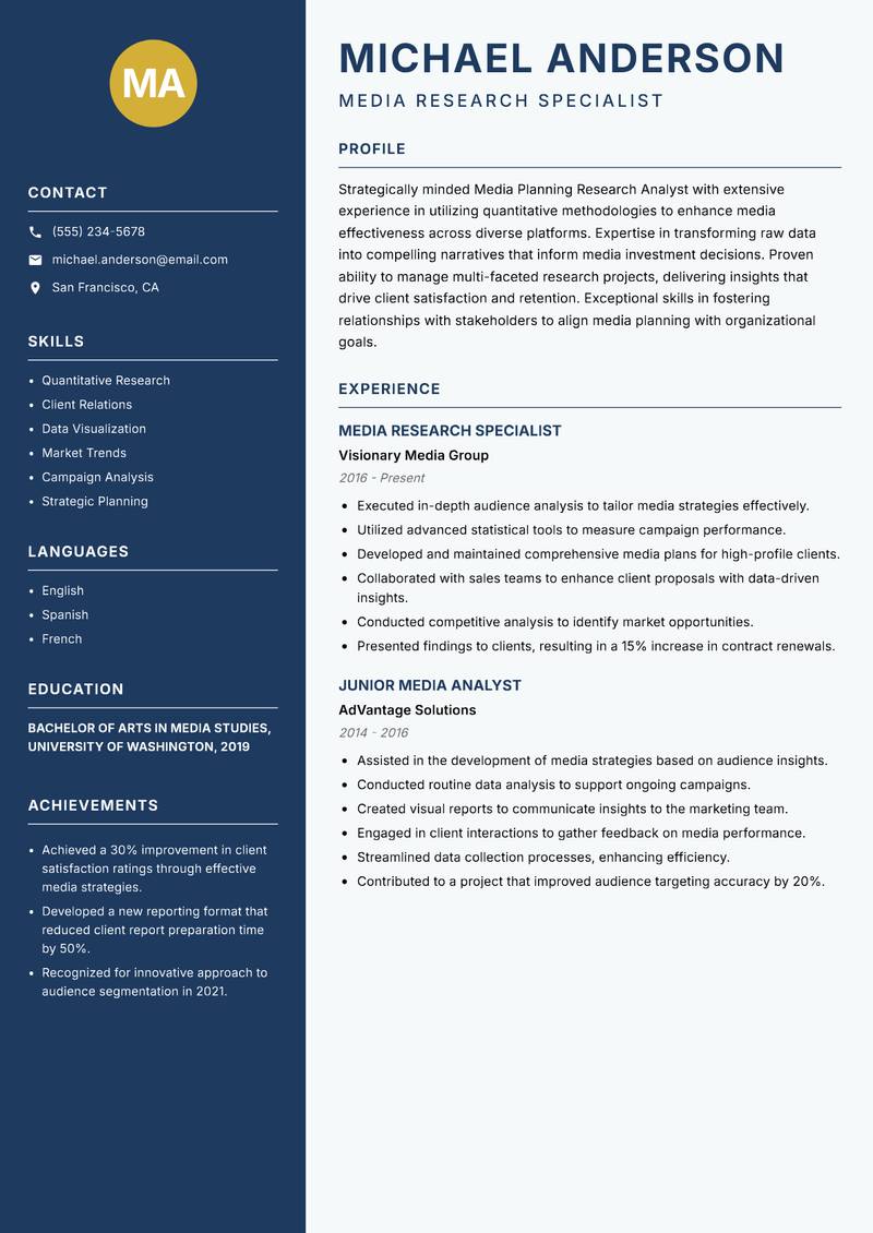 Media Planning Research Analyst resume sample — Media Research Specialist focus