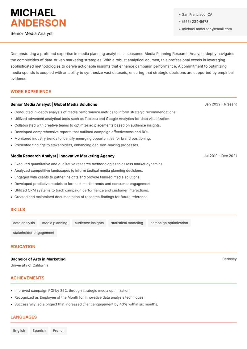 Media Planning Research Analyst resume sample — Senior Media Analyst focus