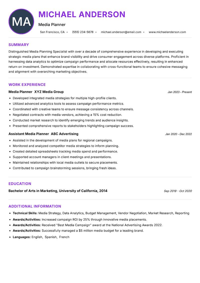 Media Planning Specialist resume example