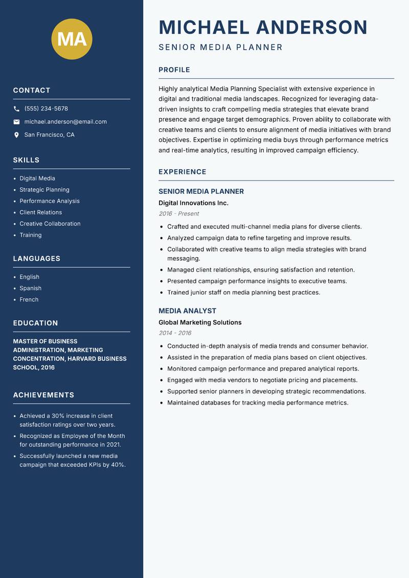 Media Planning Specialist resume sample — Senior Media Planner focus
