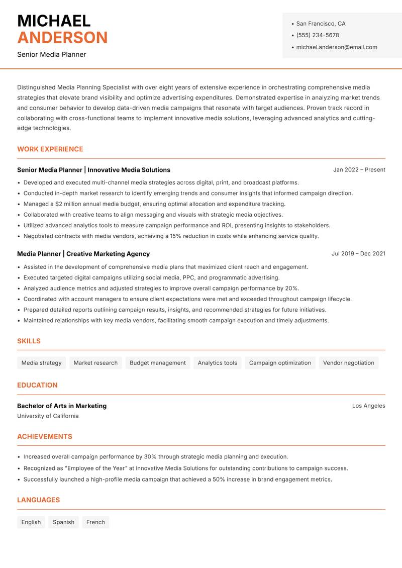Media Planning Specialist resume sample — Senior Media Planner focus