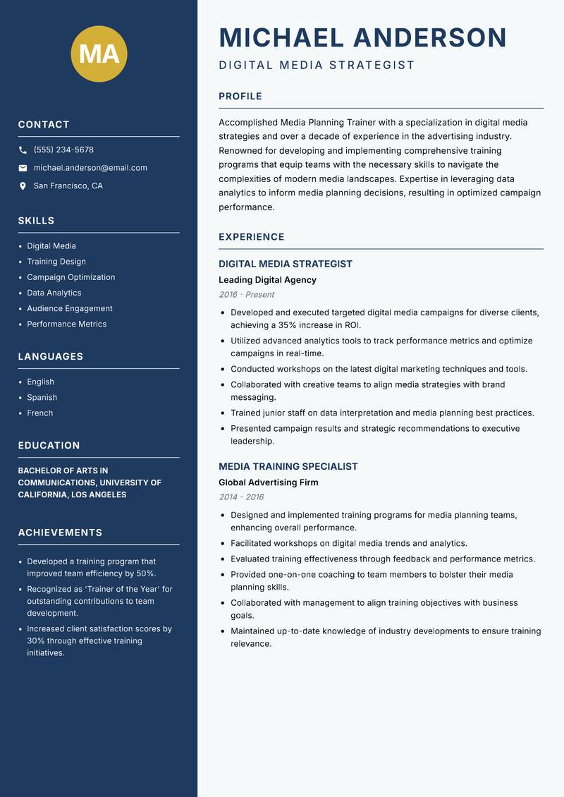 Media Planning Trainer resume sample — Digital Media Strategist focus