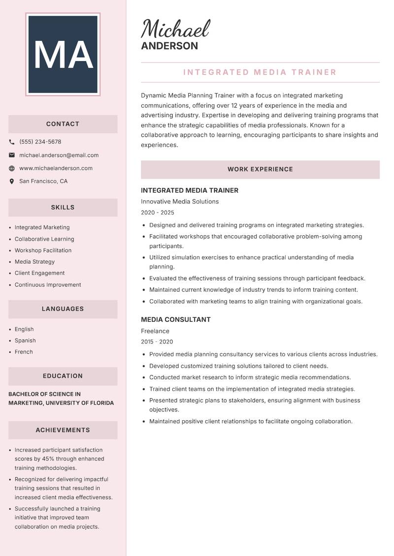 Media Planning Trainer resume sample — Integrated Media Trainer focus