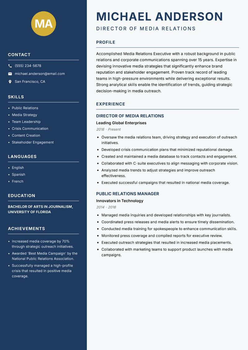 Media Relations Executive resume sample — Director of Media Relations focus