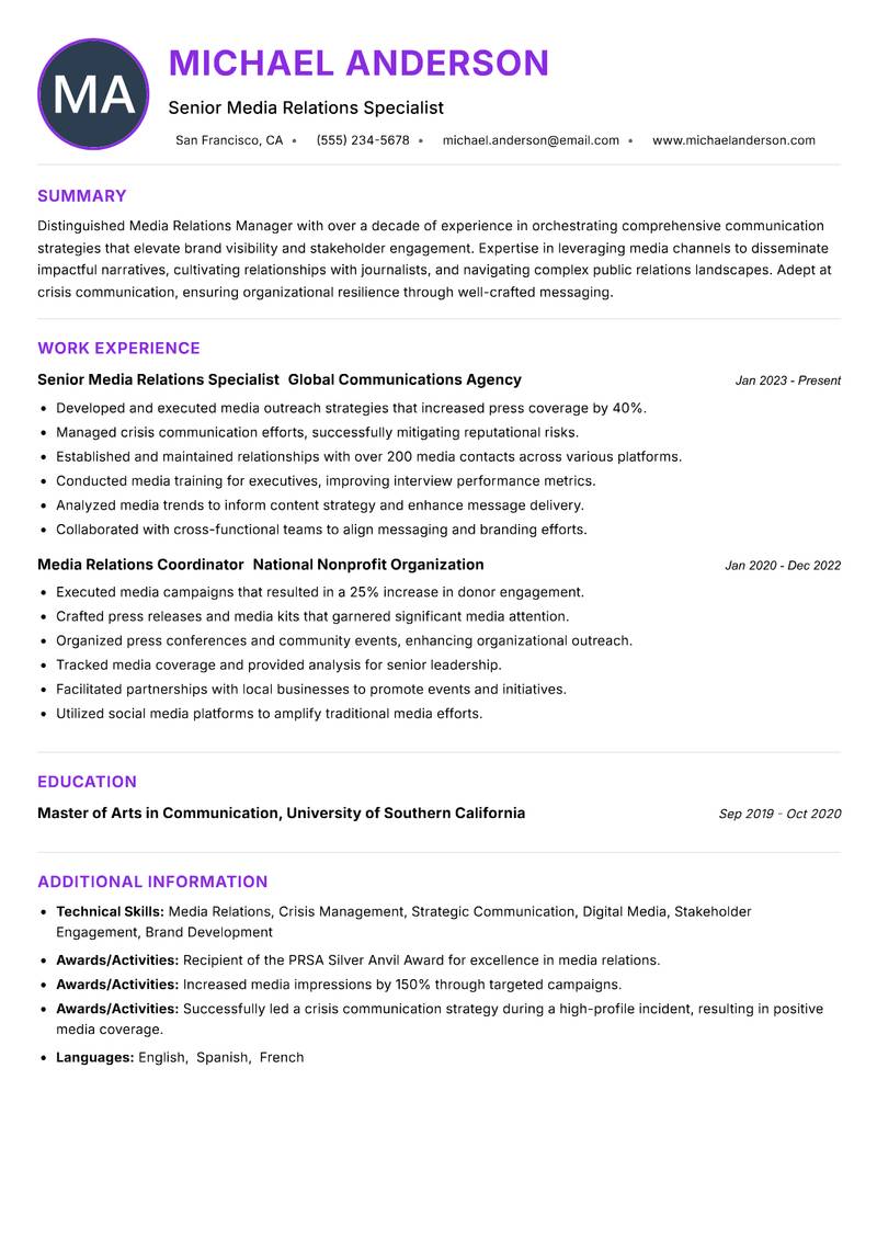 Media Relations Manager resume example