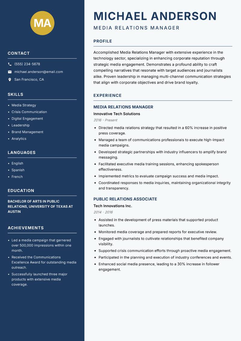 Media Relations Manager resume sample — Media Relations Manager focus