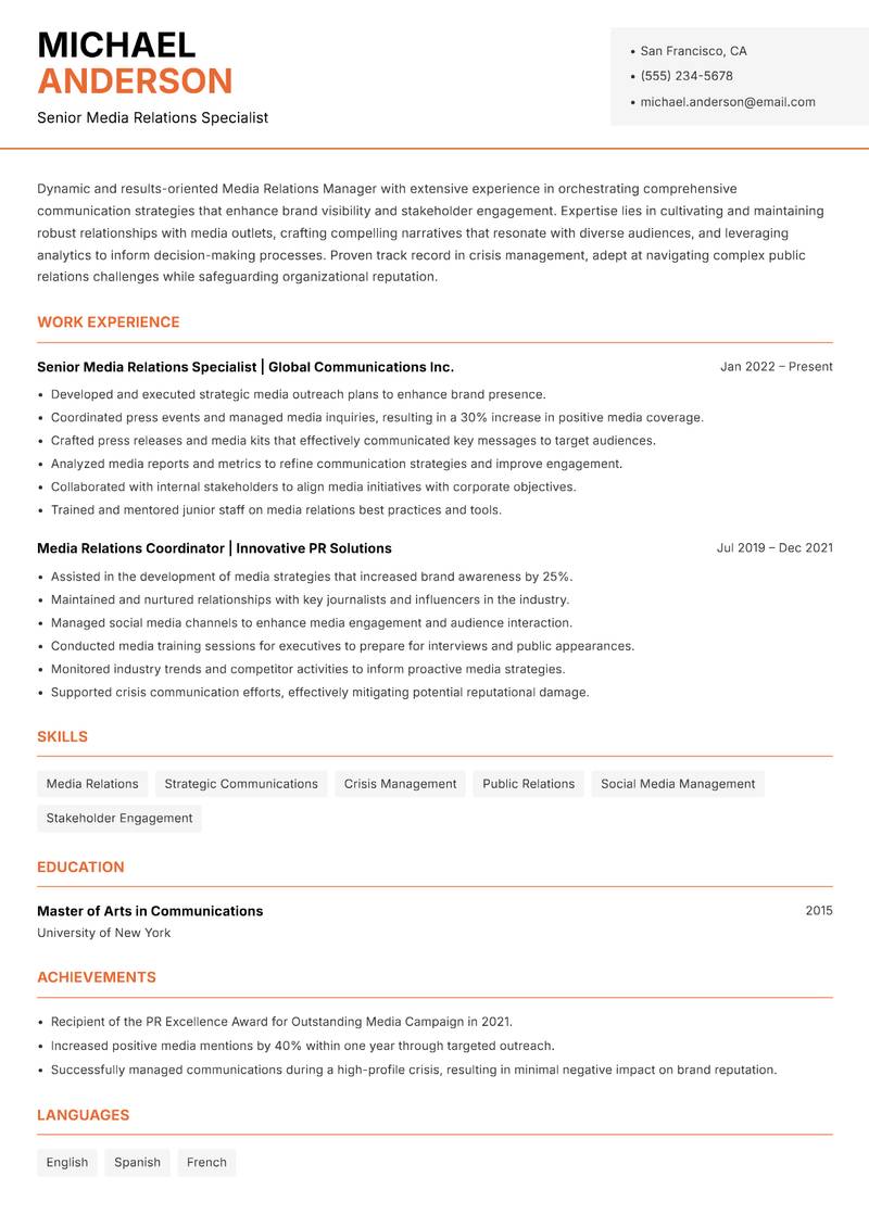 Media Relations Manager resume sample — Senior Media Relations Specialist focus