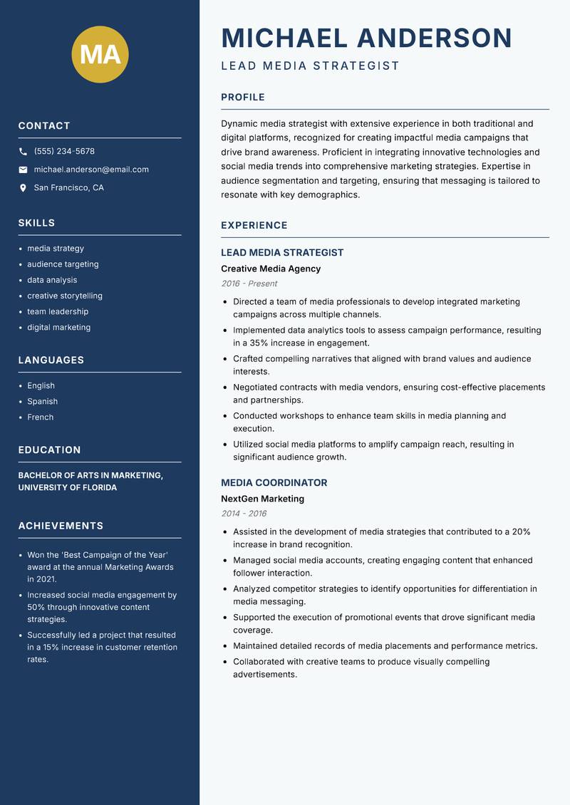 Media Strategist resume sample — Lead Media Strategist focus