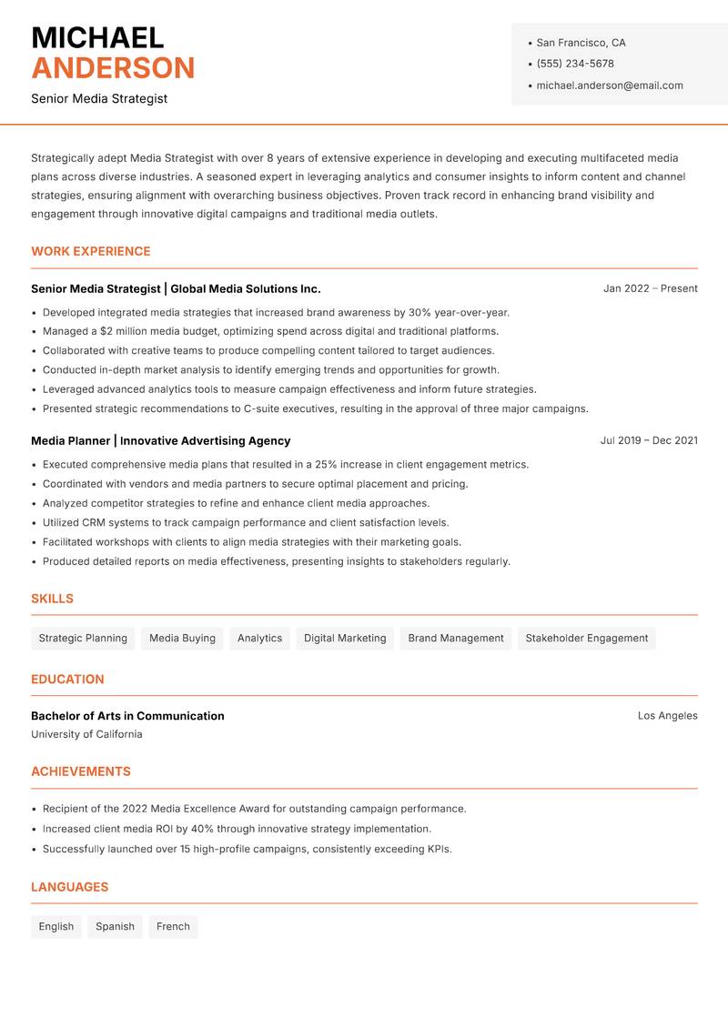 Media Strategist resume sample — Senior Media Strategist focus