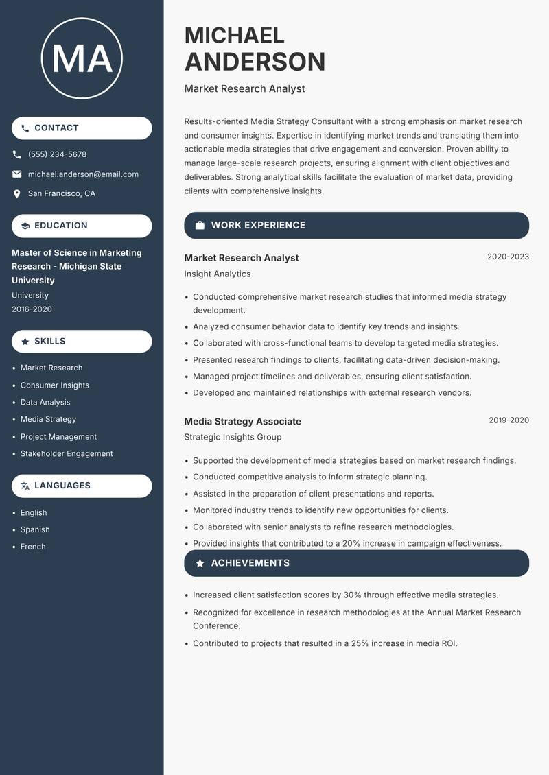 Media Strategy Consultant resume sample — Market Research Analyst focus