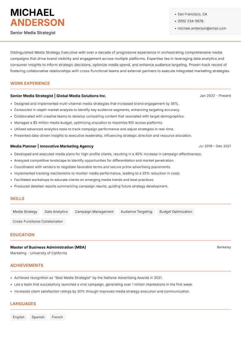 Media Strategy Executive resume sample — Senior Media Strategist focus