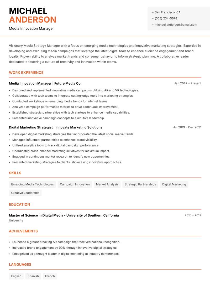 Media Strategy Manager resume sample — Media Innovation Manager focus