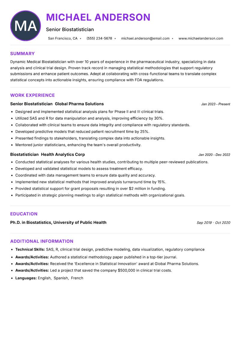 Medical Biostatistician resume example