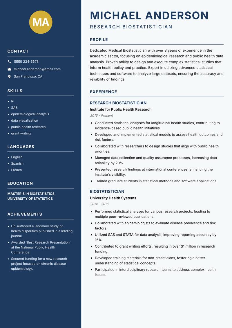Medical Biostatistician resume sample — Research Biostatistician focus