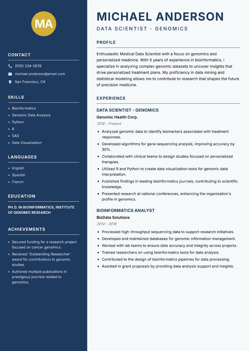Medical Data Scientist resume sample — Data Scientist - Genomics focus