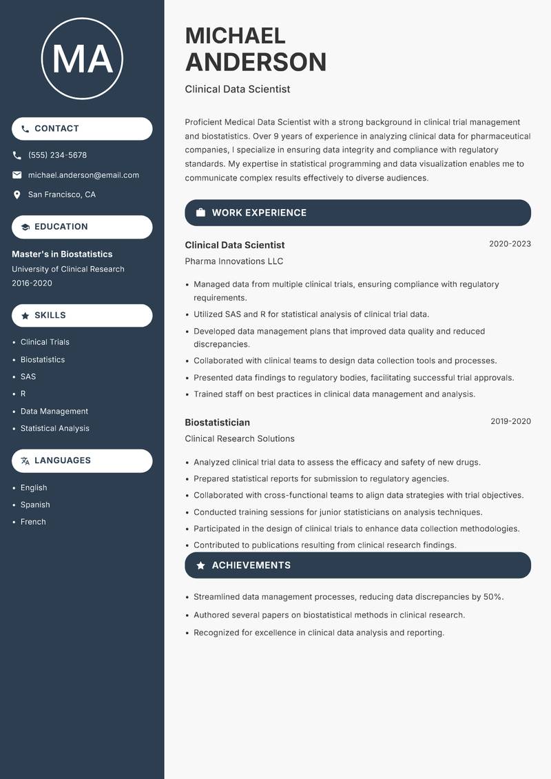 Medical Data Scientist resume sample — Clinical Data Scientist focus