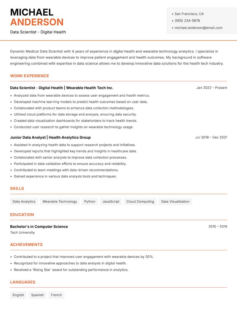 Medical Data Scientist resume sample — Data Scientist - Digital Health focus