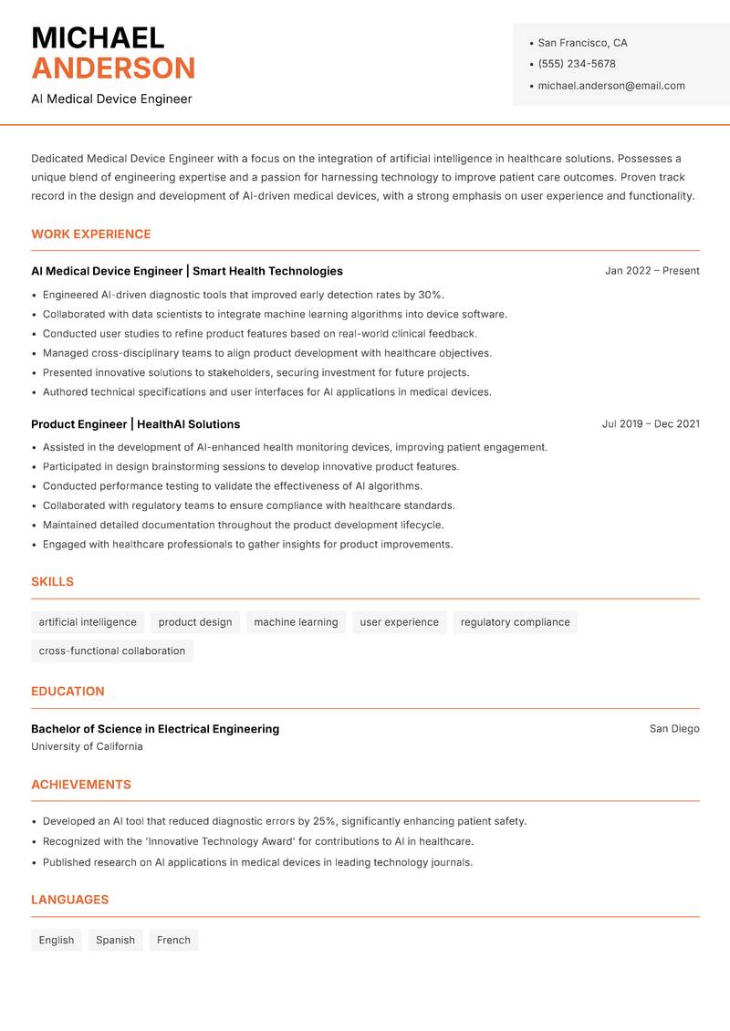 Medical Device Engineer resume sample — AI Medical Device Engineer focus