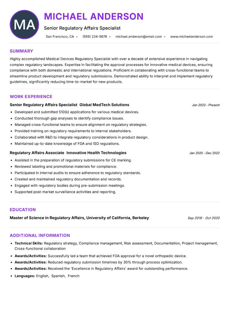 Medical Devices Regulatory Specialist resume example