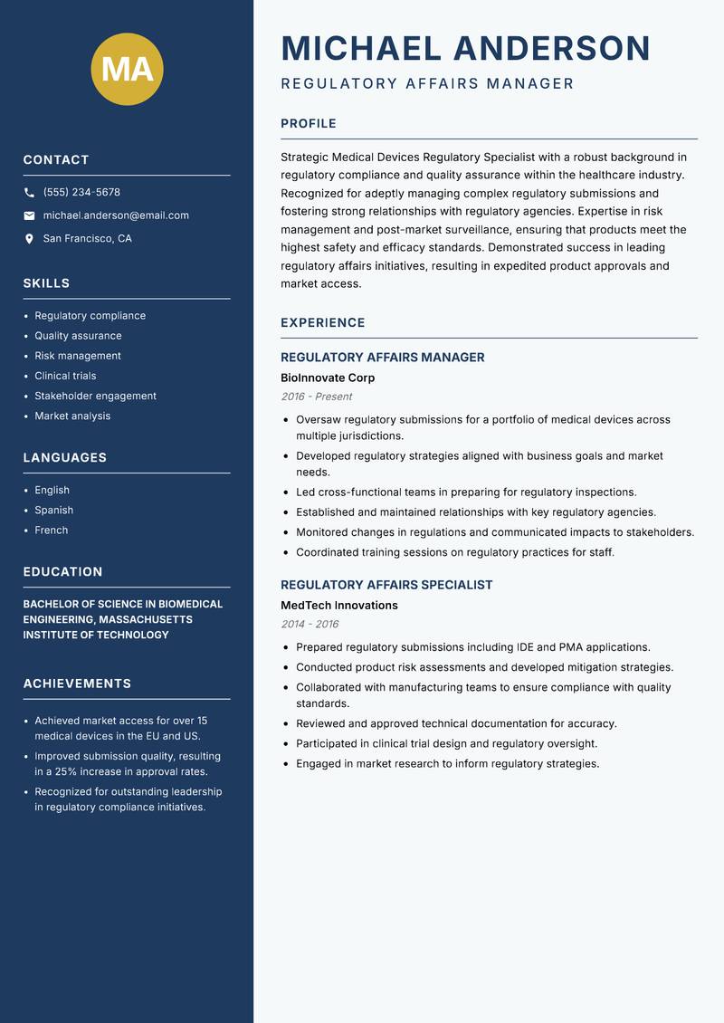 Medical Devices Regulatory Specialist resume sample — Regulatory Affairs Manager focus