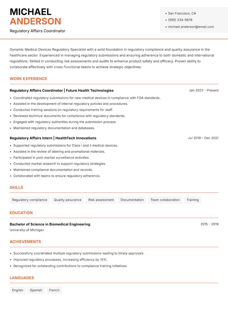 Medical Devices Regulatory Specialist resume sample — Regulatory Affairs Coordinator focus