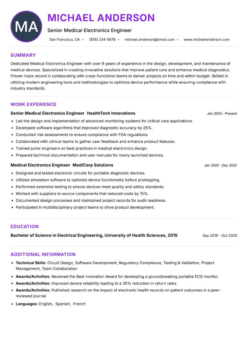 Medical Electronics Engineer resume example