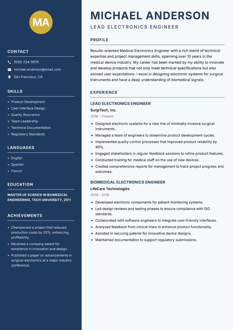 Medical Electronics Engineer resume sample — Lead Electronics Engineer focus