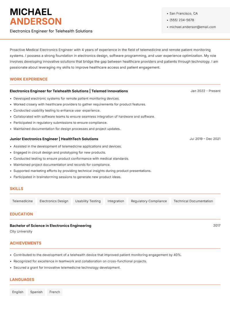 Medical Electronics Engineer resume sample — Electronics Engineer for Telehealth Solutions focus