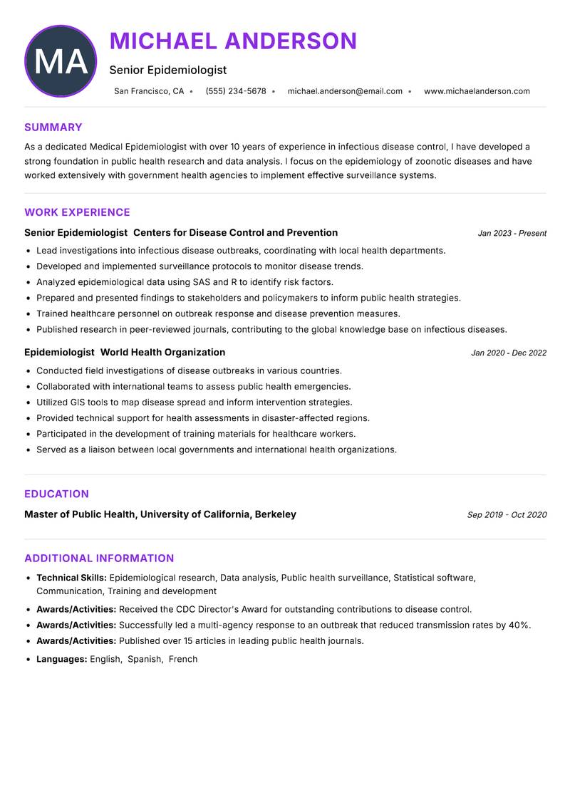 Medical Epidemiologist resume example