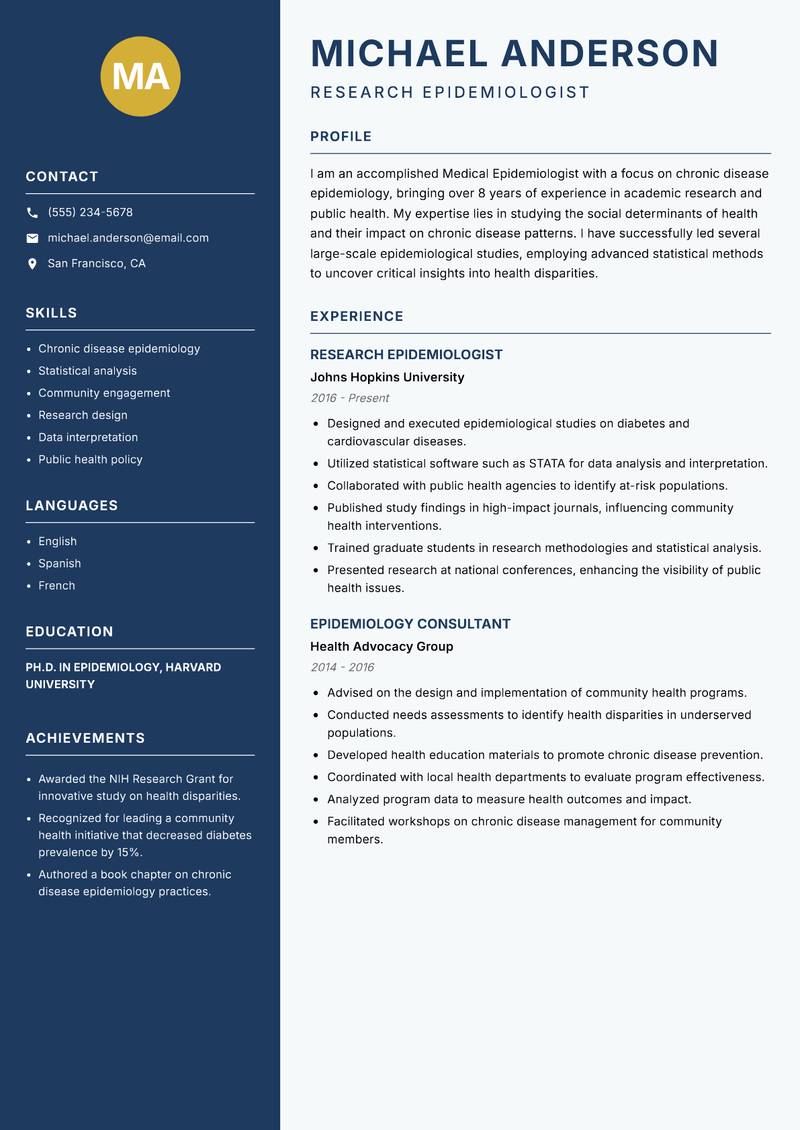 Medical Epidemiologist resume sample — Research Epidemiologist focus