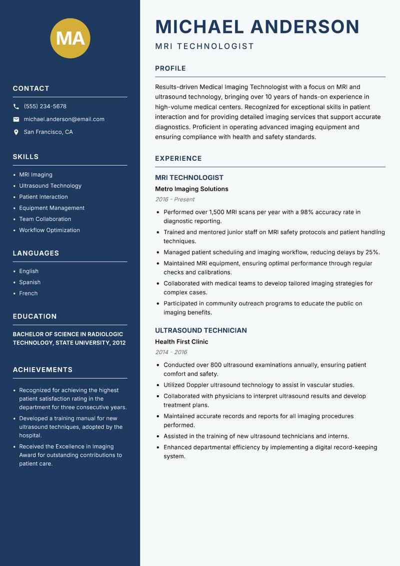 Medical Imaging Technologist resume sample — MRI Technologist focus