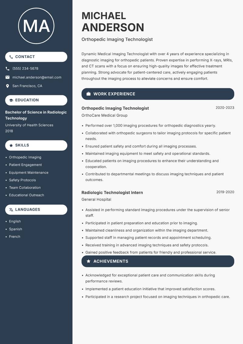Medical Imaging Technologist resume sample — Orthopedic Imaging Technologist focus