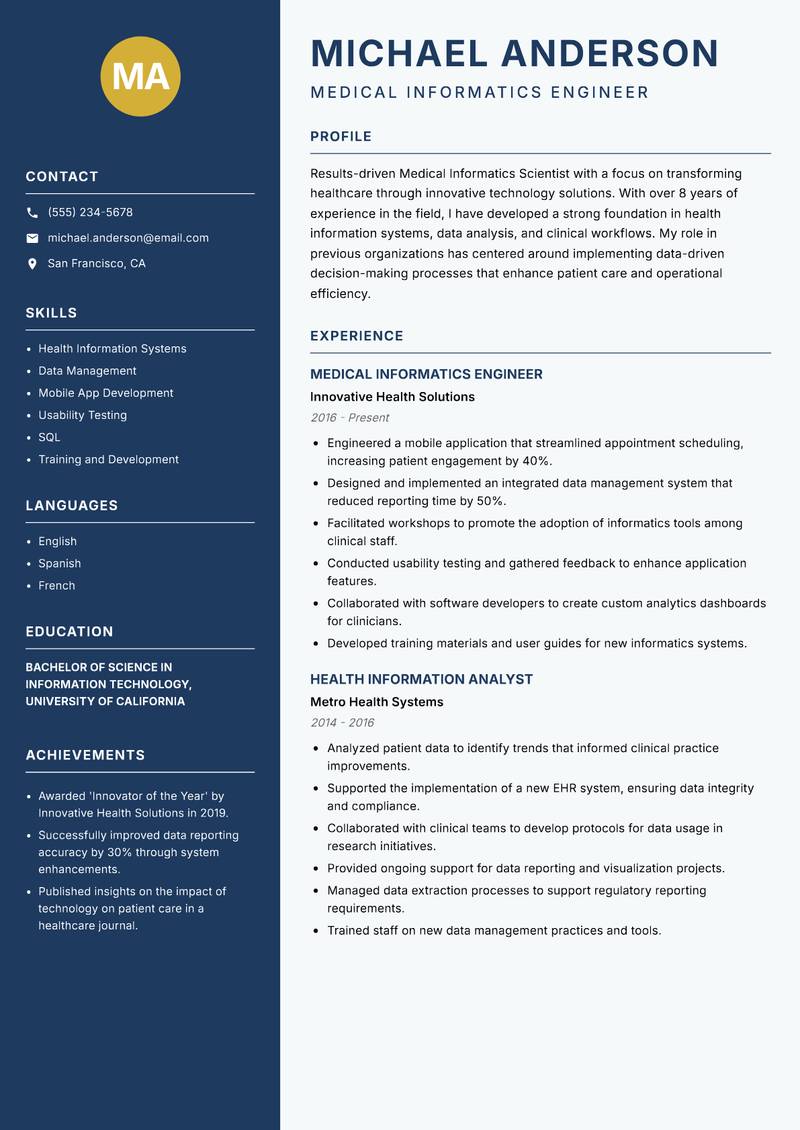 Medical Informatics Scientist resume sample — Medical Informatics Engineer focus