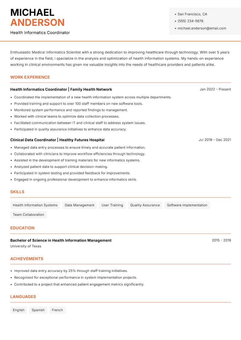 Medical Informatics Scientist resume sample — Health Informatics Coordinator focus