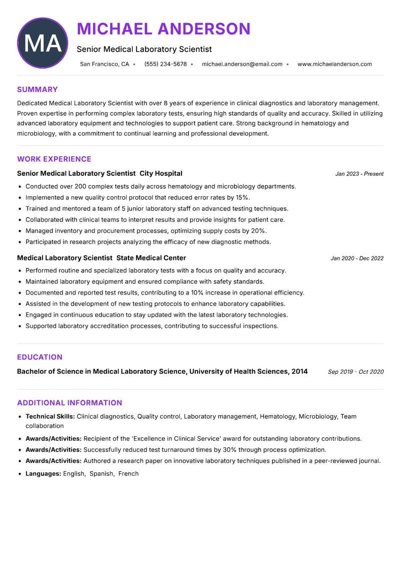Medical Laboratory Scientist resume example