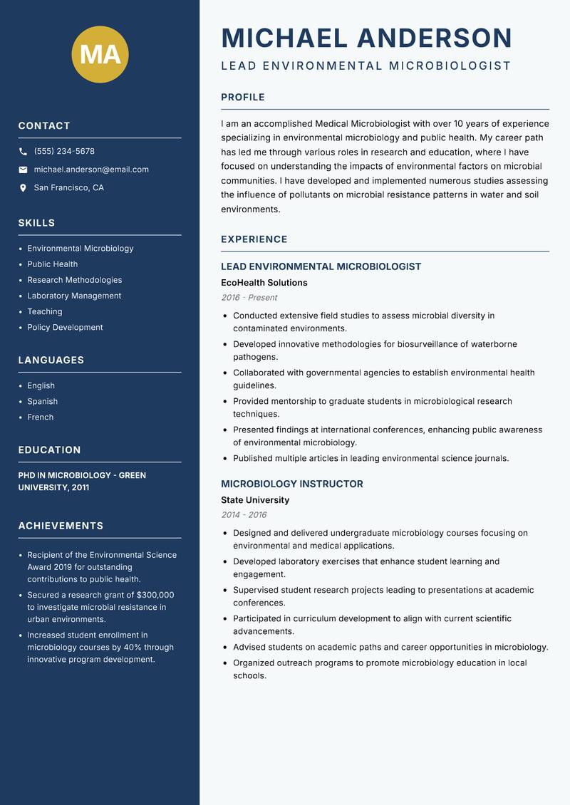 Medical Microbiologist resume sample — Lead Environmental Microbiologist focus