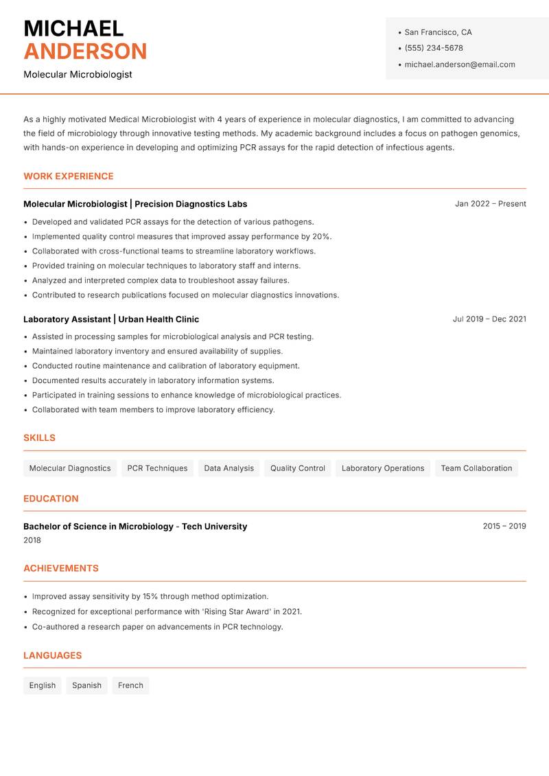 Medical Microbiologist resume sample — Molecular Microbiologist focus