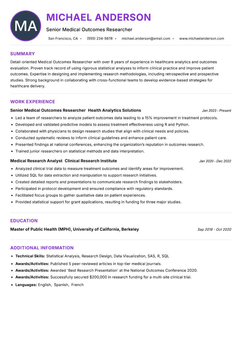 Medical Outcomes Researcher resume example
