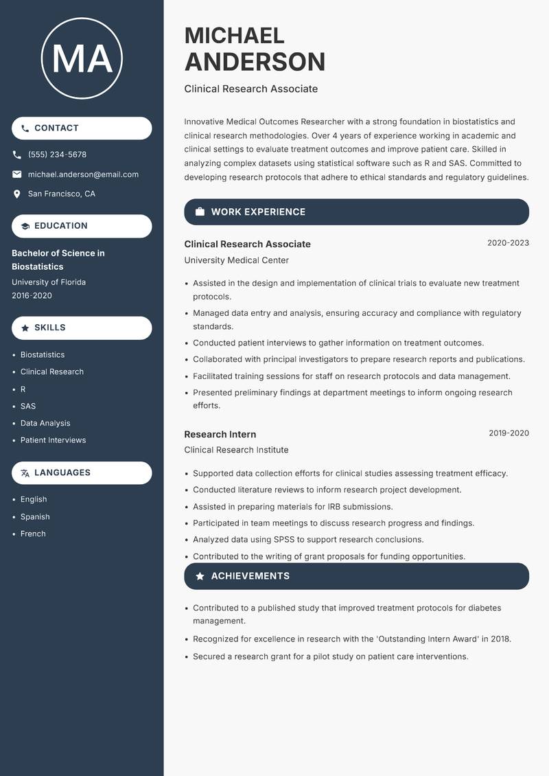 Medical Outcomes Researcher resume sample — Clinical Research Associate focus