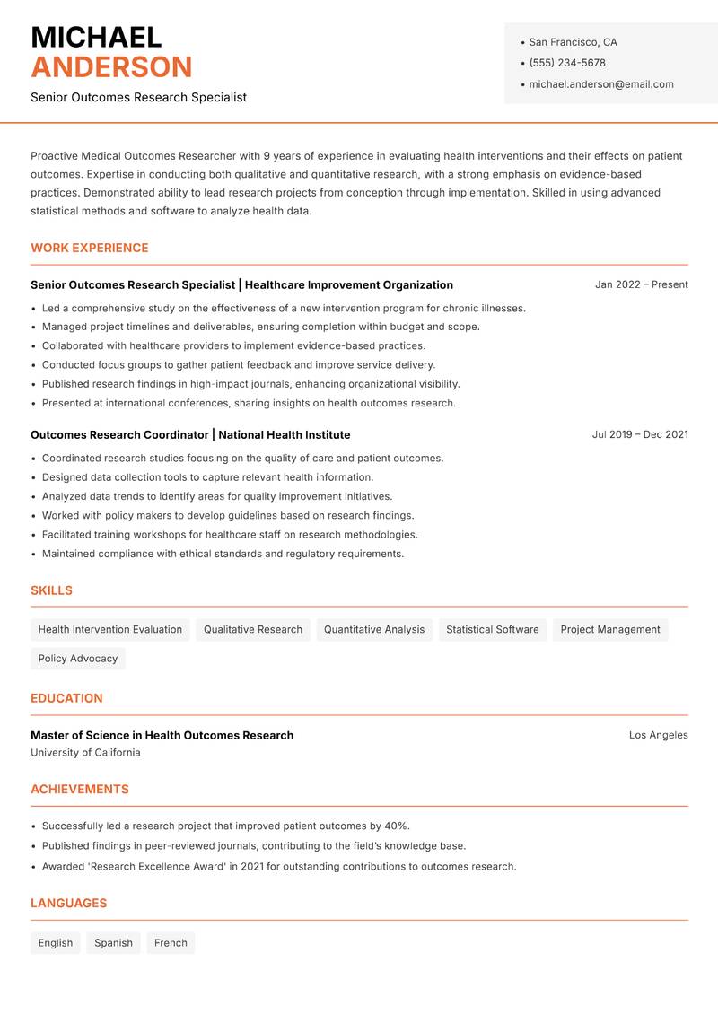Medical Outcomes Researcher resume sample — Senior Outcomes Research Specialist focus