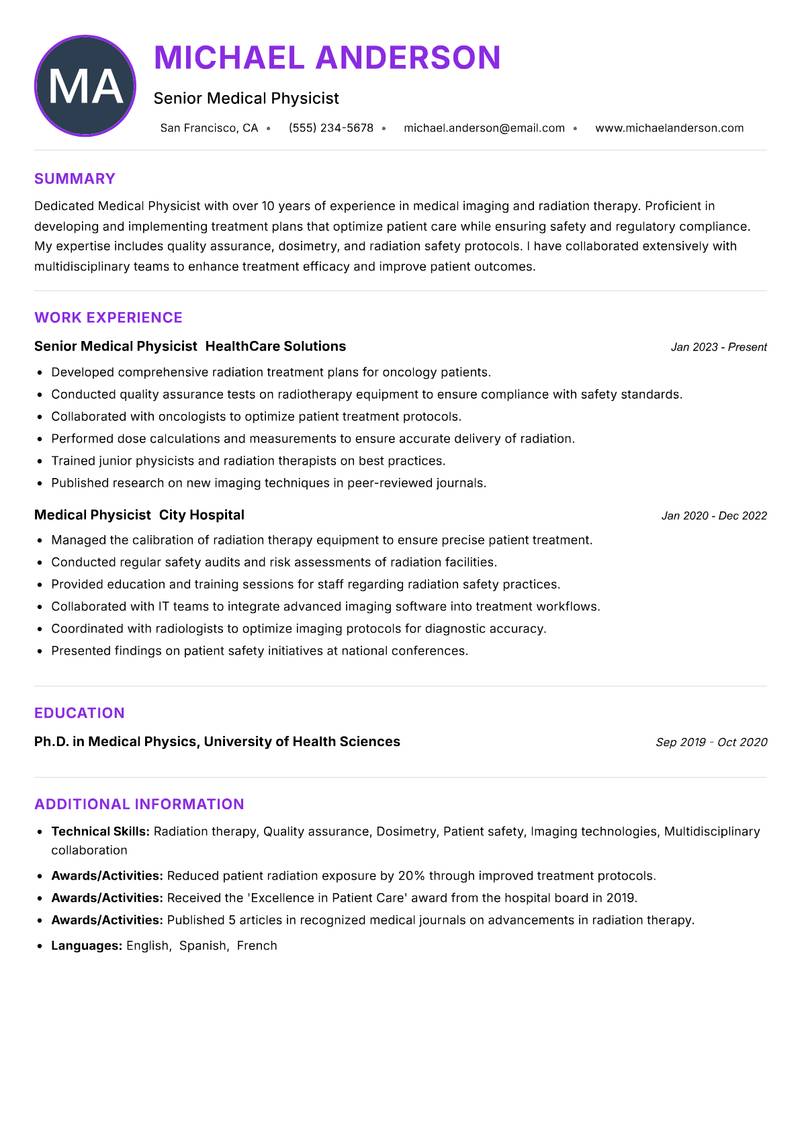 Medical Physicist resume example