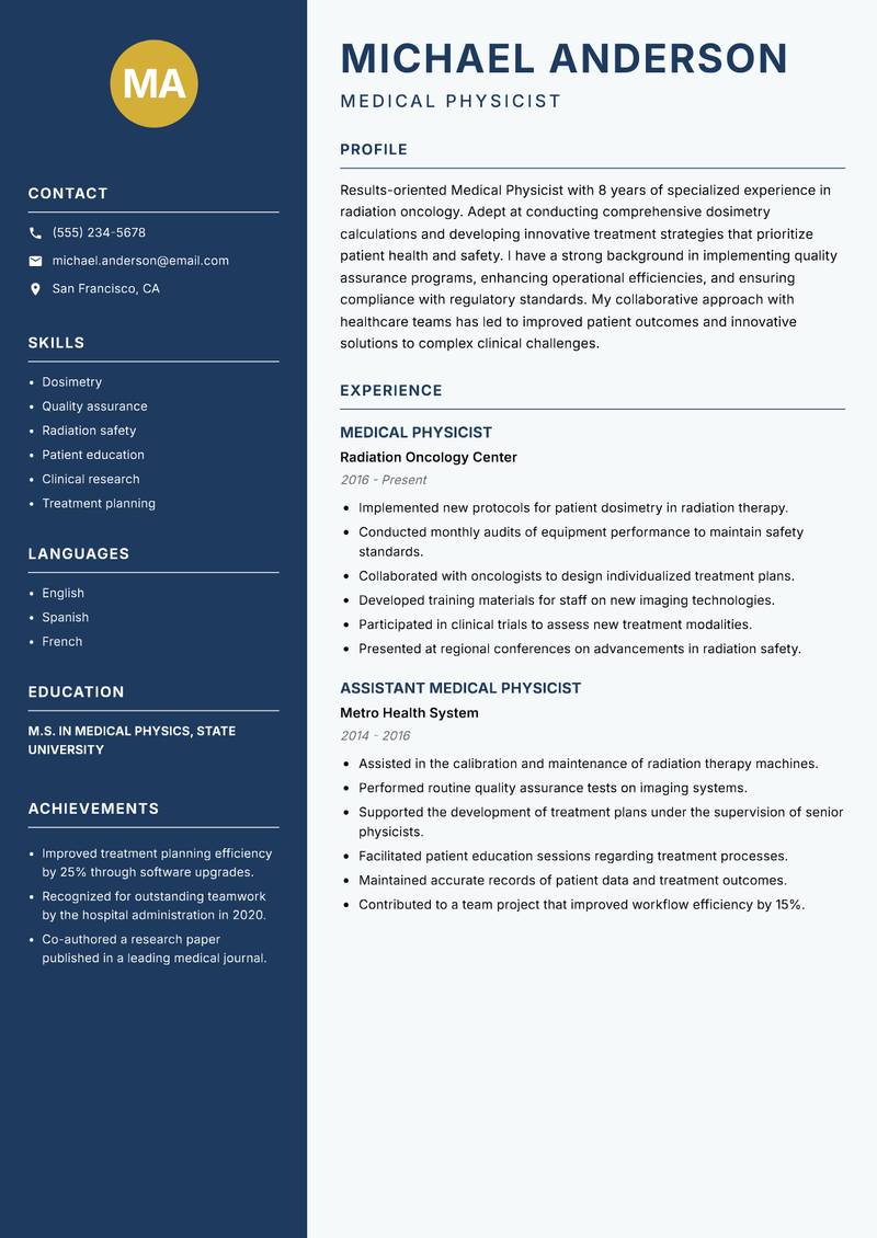 Medical Physicist resume sample — Medical Physicist focus