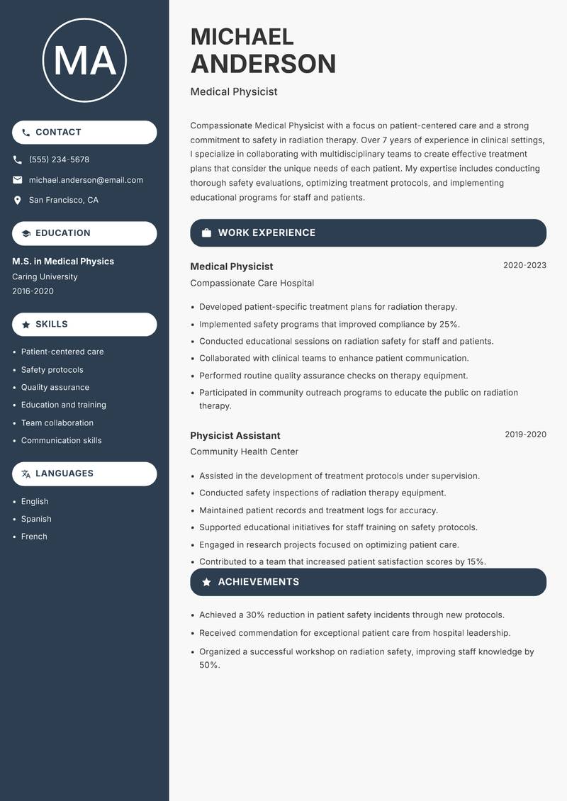 Medical Physicist resume sample — Medical Physicist focus