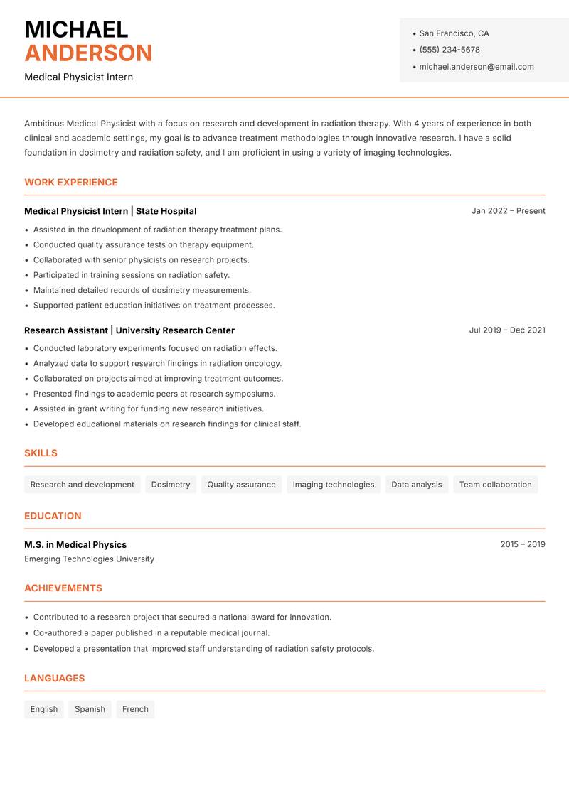 Medical Physicist resume sample — Medical Physicist Intern focus