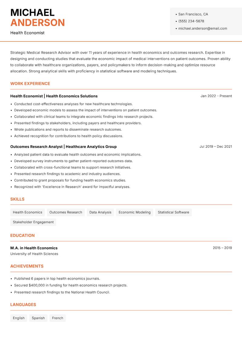 Medical Research Advisor resume sample — Health Economist focus