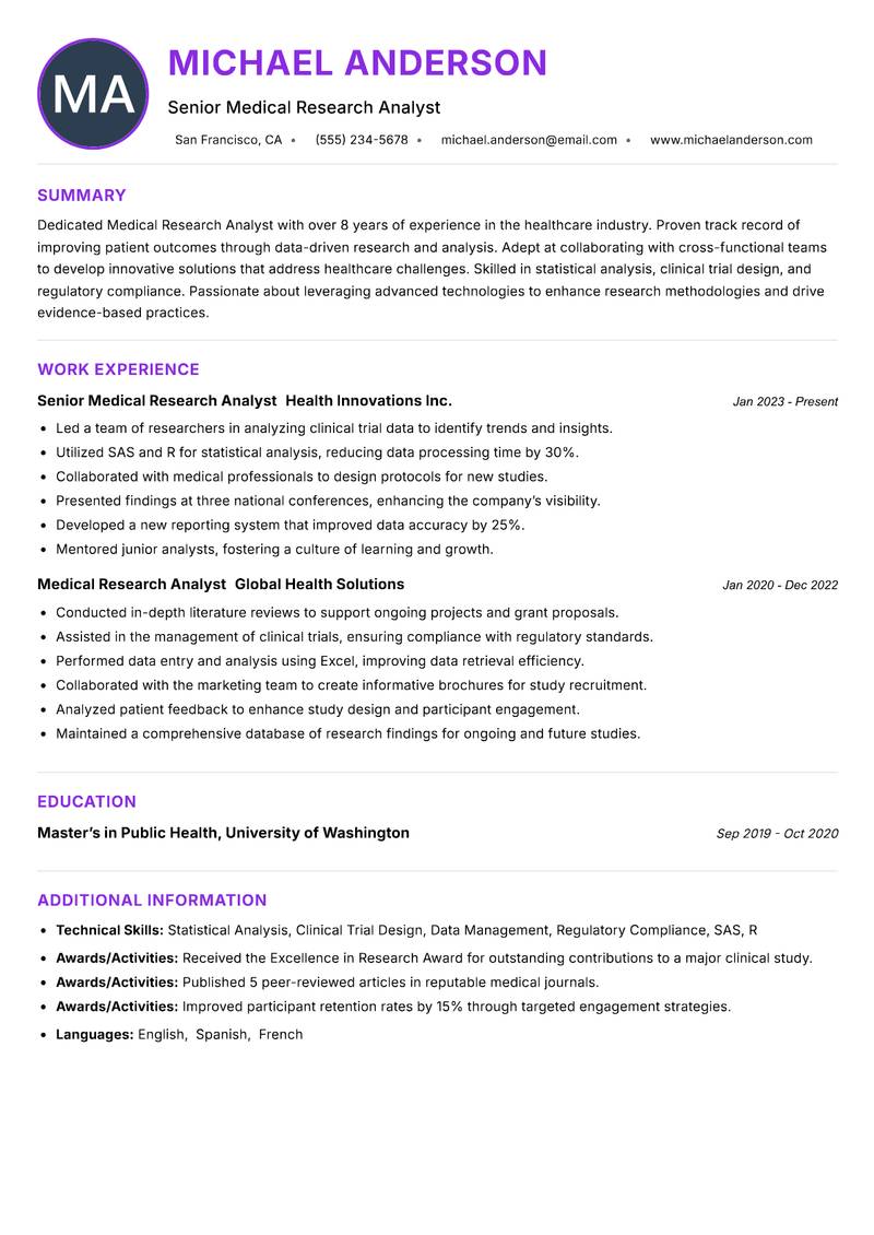 Medical Research Analyst resume example