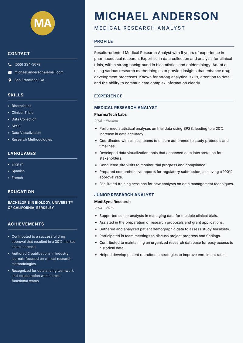 Medical Research Analyst resume sample — Medical Research Analyst focus