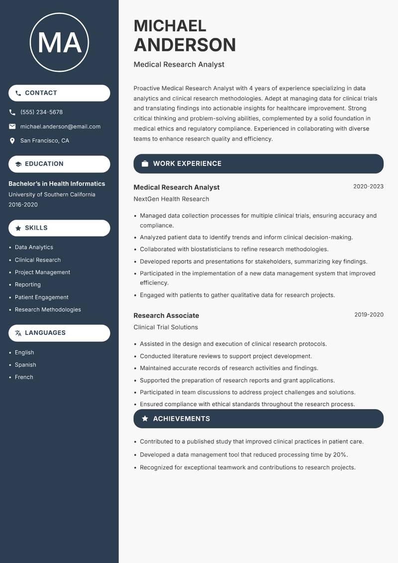 Medical Research Analyst resume sample — Medical Research Analyst focus